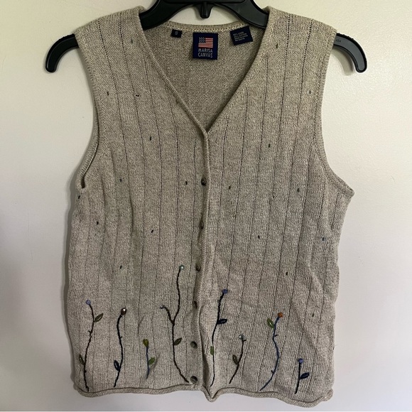 Vintage 90s Beige Linen Floral Cozy Cottagecore Knit Grandma Sweater Vest Small - Picture 1 of 12